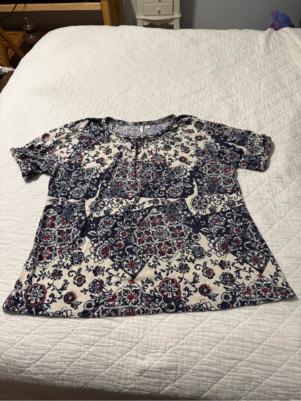 Cato Navy Blue, White & Coral Paisley Print Skirt